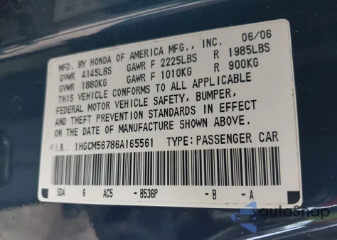 2006 Honda Accord 2.4 Ex из США, поврежденный, VIN 1HGCM56786A165561